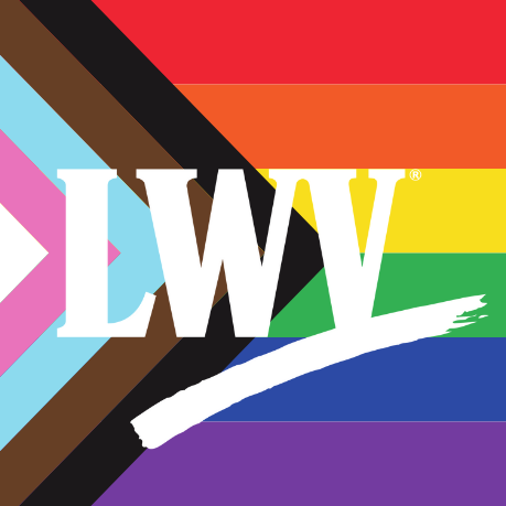 White LWV Logo over progress pride flag